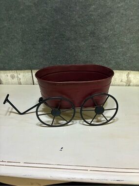 Source Unknown Red Metal Wagon Planter with Black Wheels
